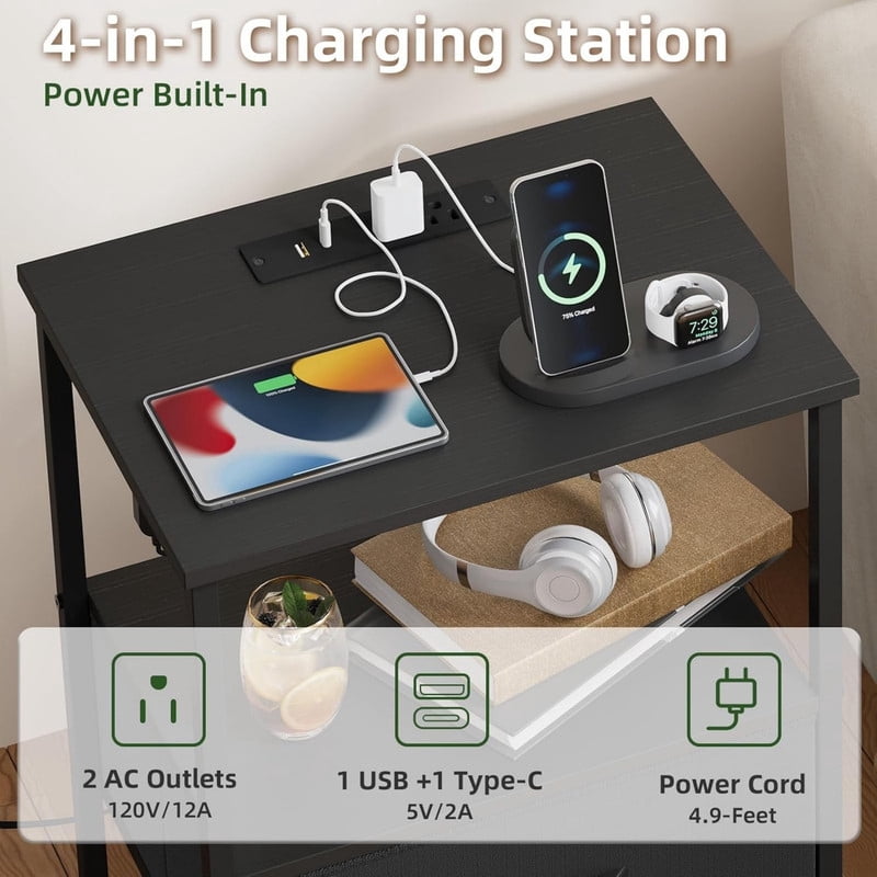 Kelno Nightstand with Charging Station Variable LED Strip End Table with 4 Fabric Drawers USB TypeC Outlets,Black