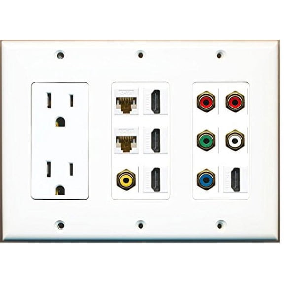 RiteAV - (3 Gang 15A Power Outlet 4 HDMI 2 Cat6 White Component Video Stereo Wall Plate