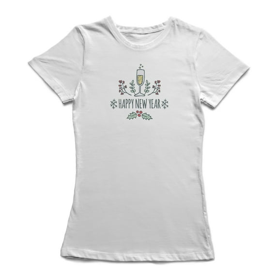 Happy New Year Champagne Glass And Snowflakes Women White T-Shirt, Female Medium