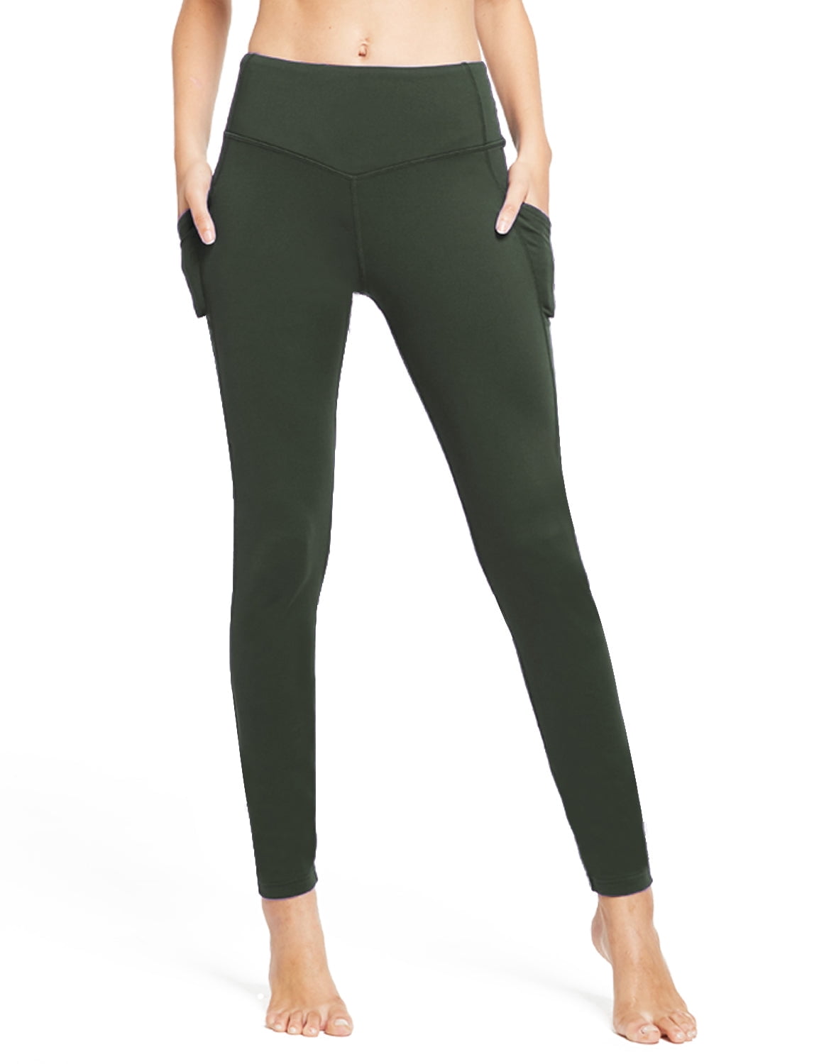 Women's Fleece Lined Leggings Winter Thick Warm Thermal High Waisted Pocketed Pants Army Green XXL