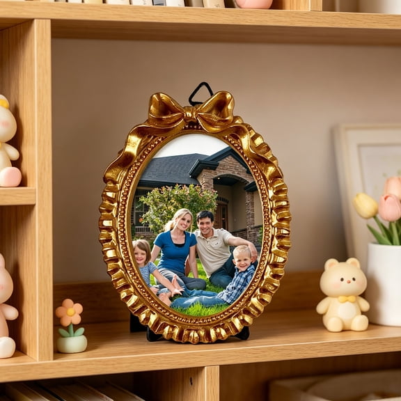 Gold Carved Resin Photo Frame – Bow Hanging Wall & Tabletop Display for Home Decor, Living Room, Bedroom, Gift (Shape E)