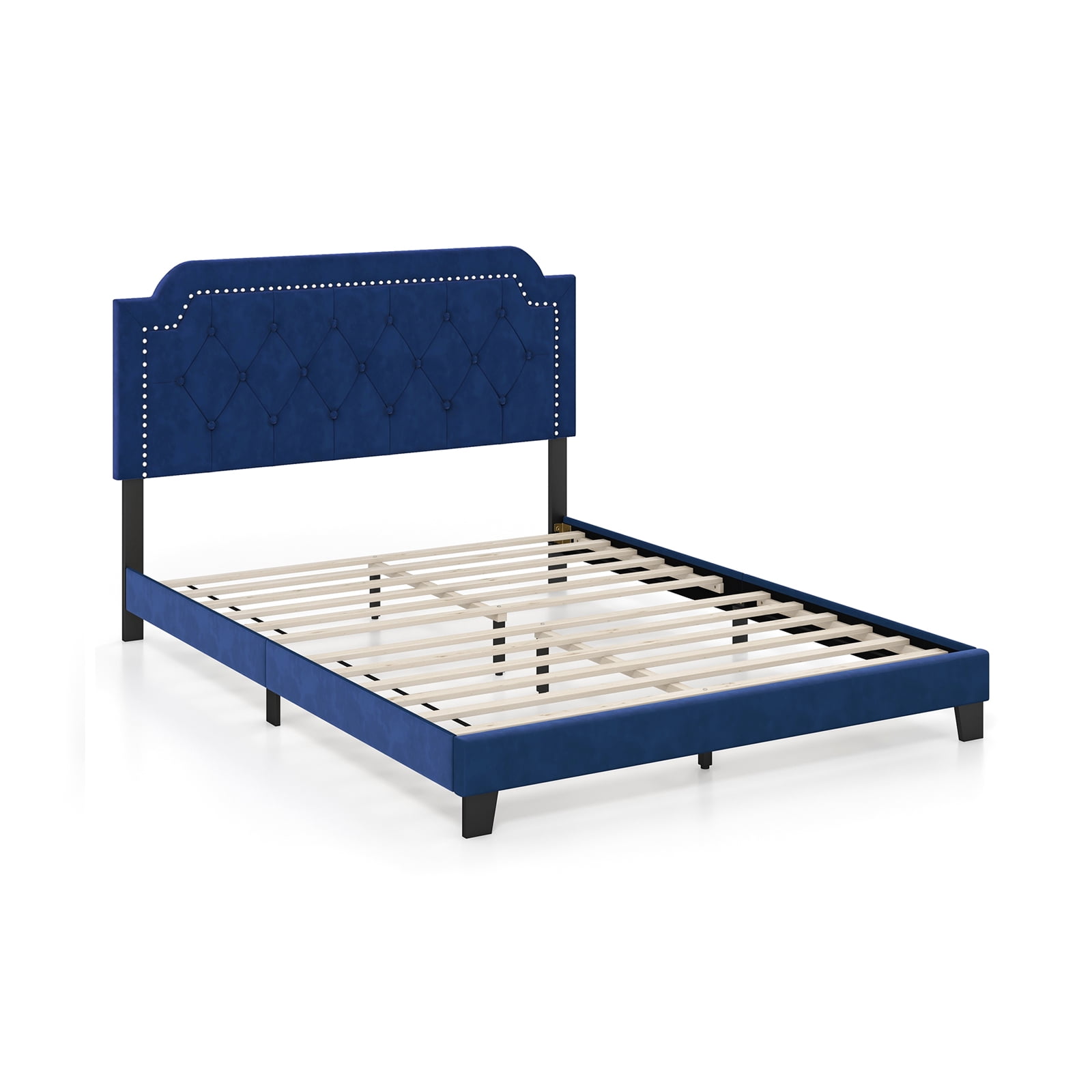 Furnibear Queen Size Bed Frame Velvet Upholstered Platform Bed Frame with Nailhead Trim Button Tufted Headboard for Bedroom, Blue