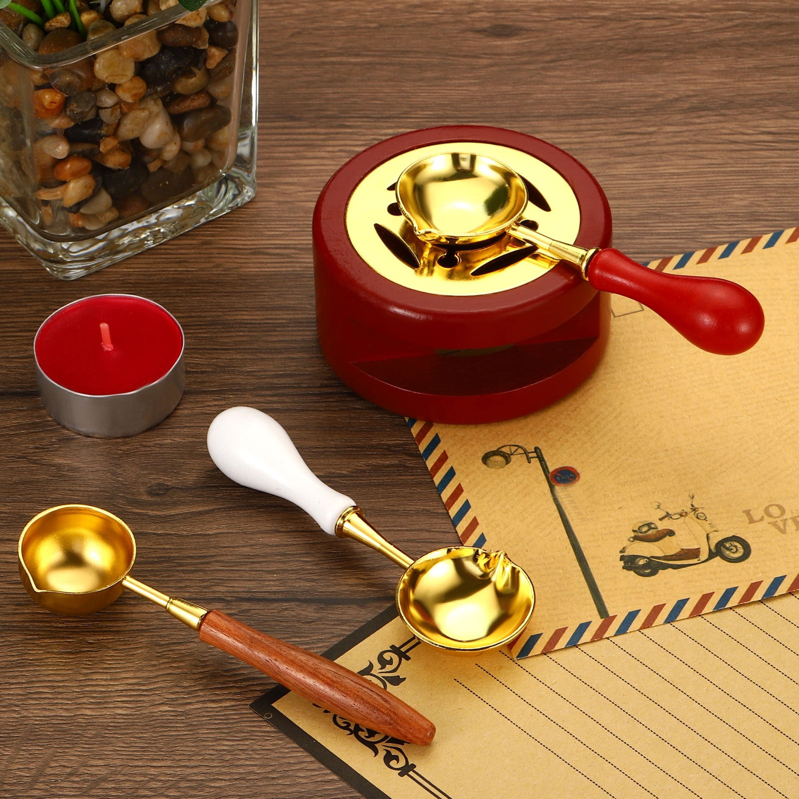 Unique Bargains Wax Seal Spoon with Vintage Wooden Handle for Wax Seal Stamp 3Pcs Blue