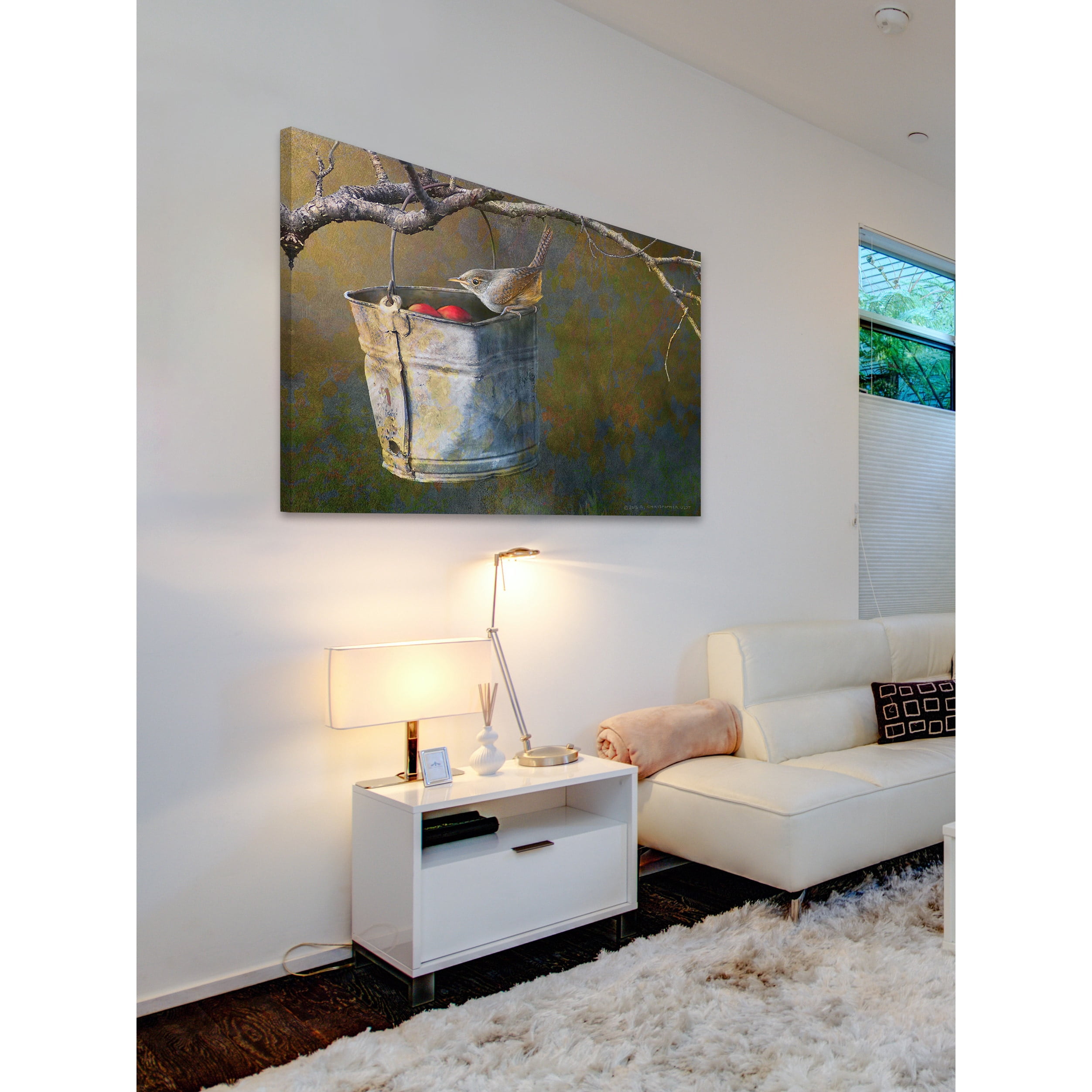 "Apple Bucket Wren" Painting Print on Wrapped Canvas