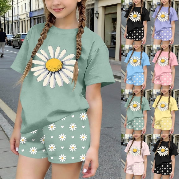 Auroural Toddler Girls Clothes 4T-5T Children's Summer Floral Printed Leisure Round Neck Short Sleeves Top and Shorts Two-Piece Set for Kids