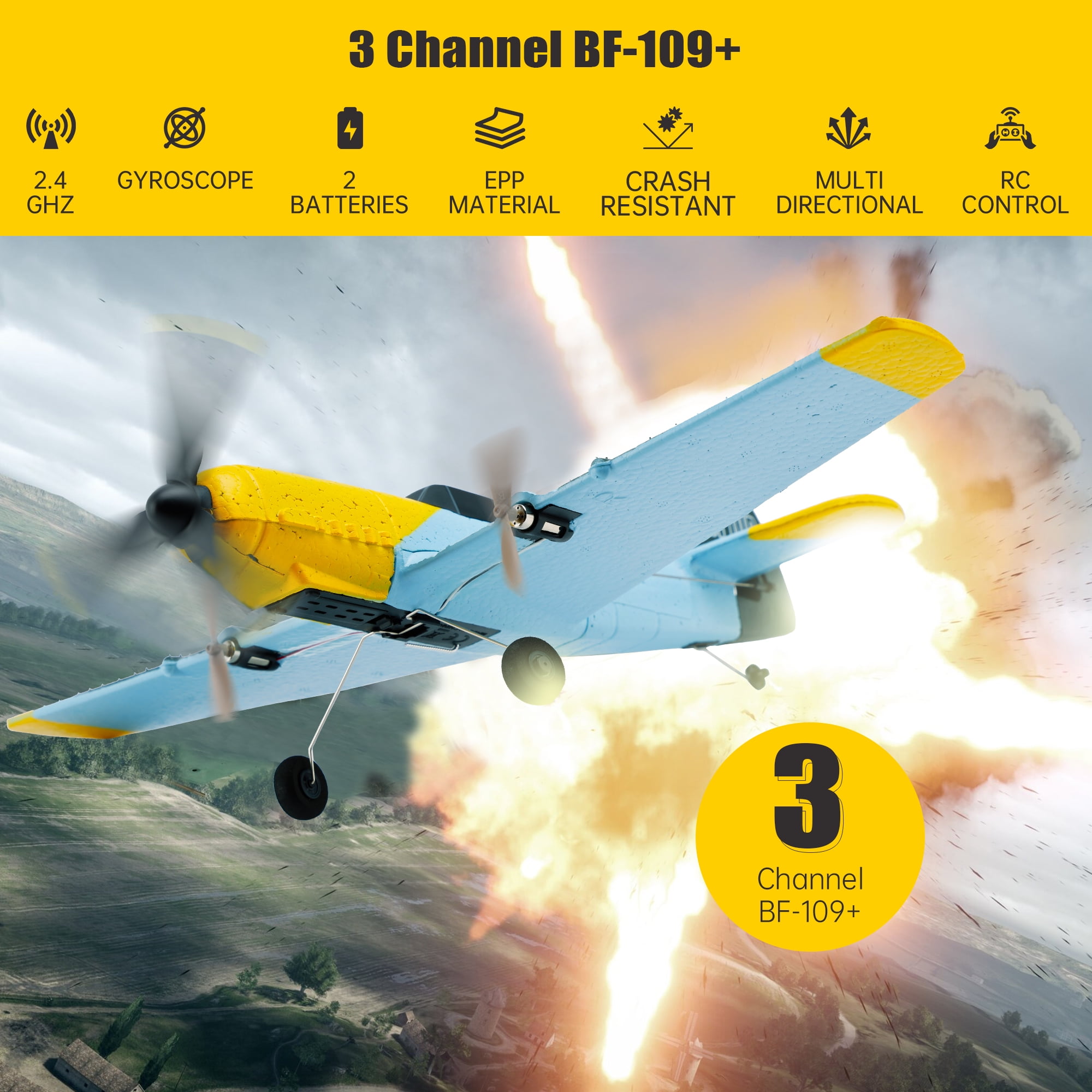 RC Plane 3 Channel Remote Control Airplane Fighter Toys, 2.4GHz 6-axis Gyro Stabilizer RTF Glider Aircraft Plane with 2 Batteries,Easy to Fly for Adults Kids Beginners Boys
