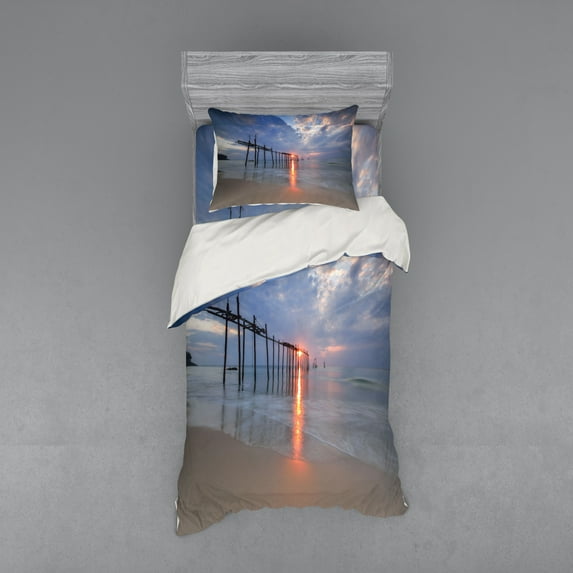 Landscape Duvet Cover Set, Sunbeams and Old Bridge at Pilai Beach Sunset Thailand Tropical Seascape Picture, Bedding Set with Shams and Fitted Sheet, 3 Sizes, by Ambesonne