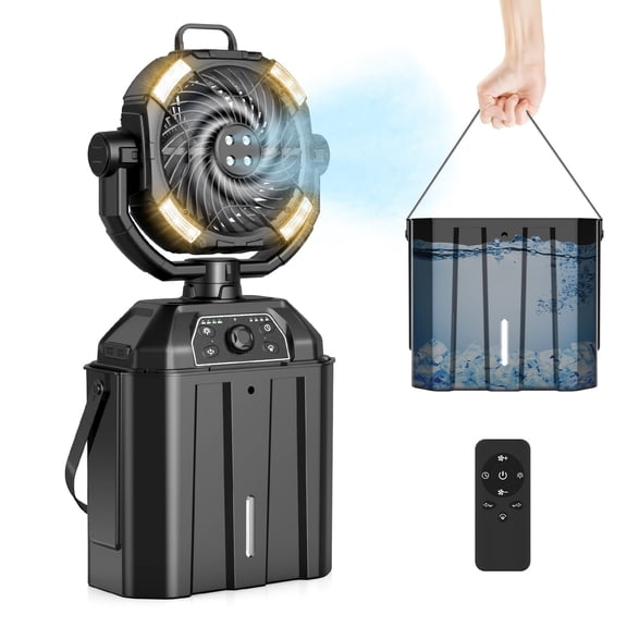 Misting Fan Portable Rechargeable w/Remote Control 3 LED Light 6L Bucket & Timer