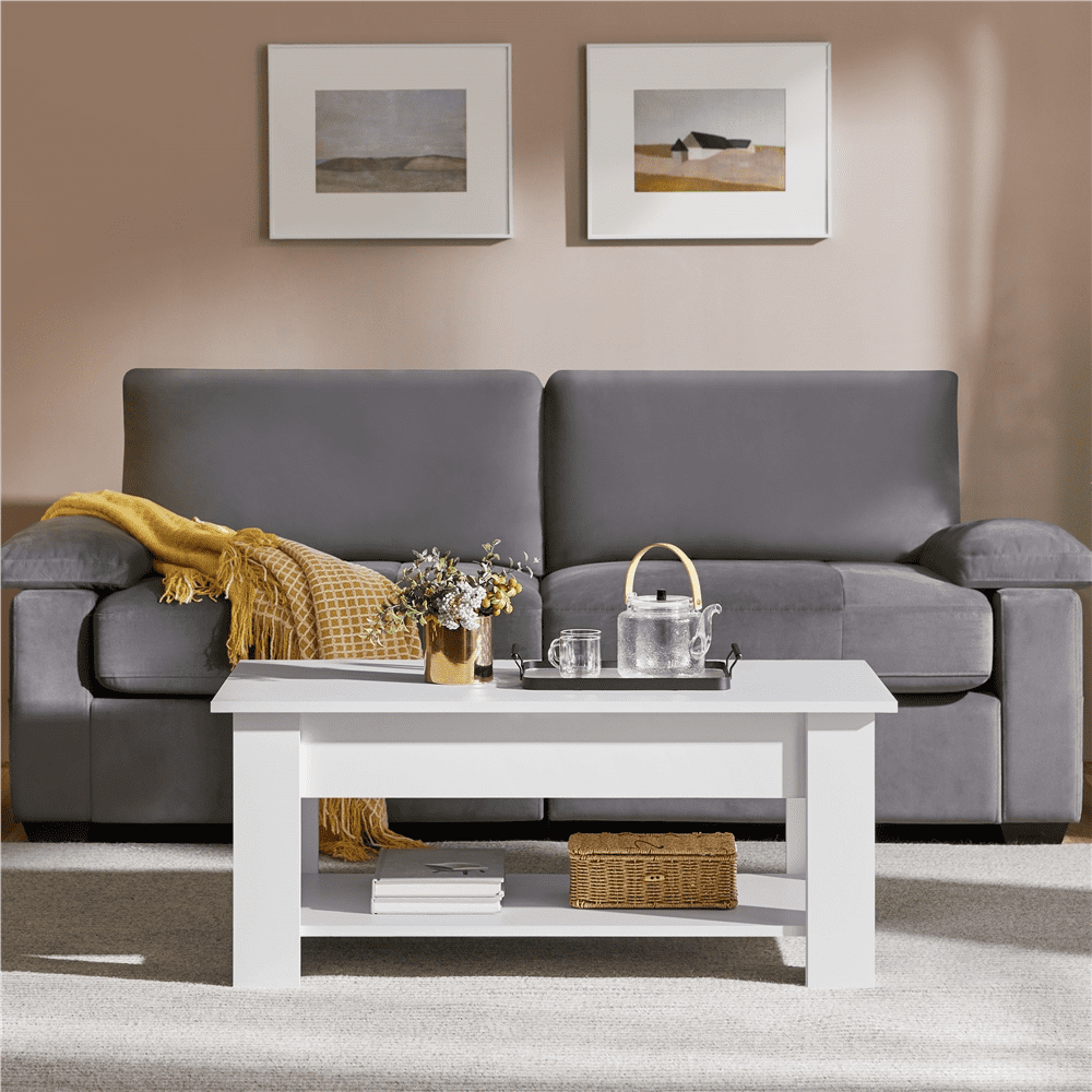Yaheetech 39in Lift Top Coffee Table with Hidden Compartment and Open Shelf, White