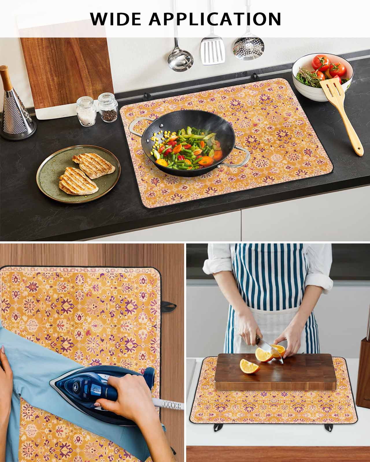 nqOlkjepod Large Induction Cooktop Protector Mat 24"x21", Orange Yellow Boho Stove Top Covers for Electric Stove, Vintage Shabby Abstract Geometric Art Stove Burner Cover Mats, Glass Top Stove Cover