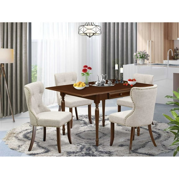 East-West Furniture MZSI5-MAH-35 - A kitchen table set of 4 amazing kitchen chairs with Linen Fabric Doeskin color and a lovely wooden dining table with Mahogany Finish