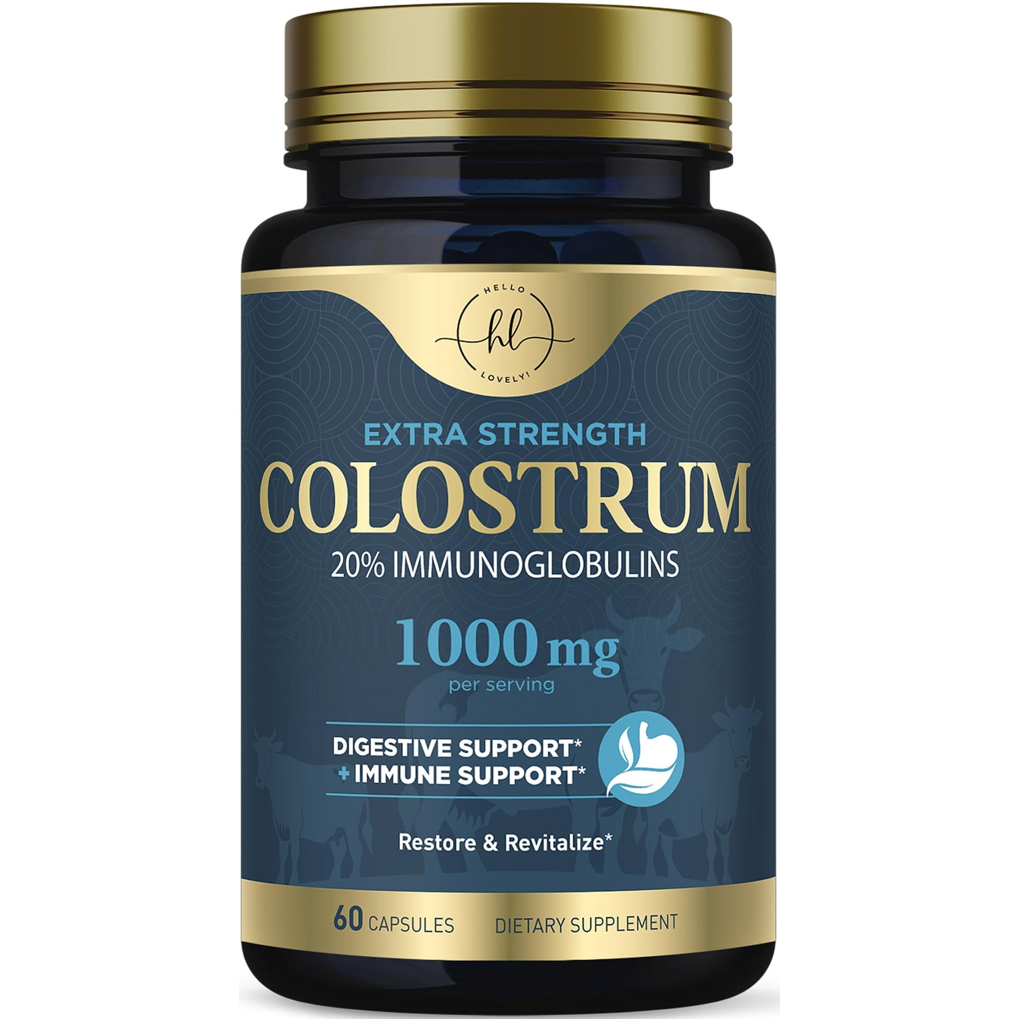 Colostrum Supplement 1000mg - Max Strength 20% Immunoglobulins for Gut & Immune Support - Natural Bovine Powder for Muscle, Skin & Hair Support - Gluten Free Unflavored & Bottled in USA - 60 Capsules