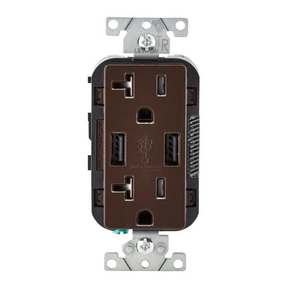 Leviton 3829876 Decora 20 amp 125 V Brown Outlet & USB Charger with 5-20R Nema