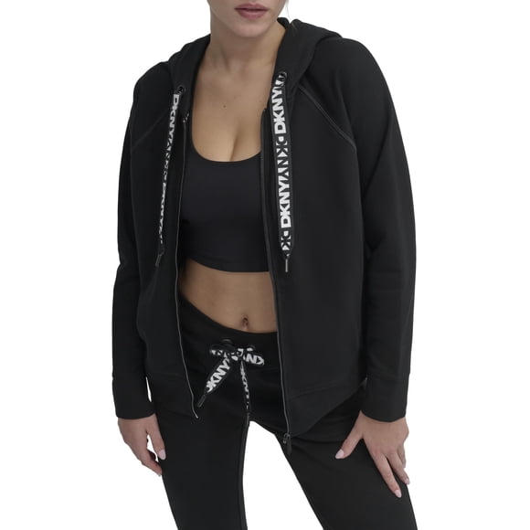 Sudadera con capucha DKNY para mujer, logotipo, cordón, cierre completo, color negro, talla XL
