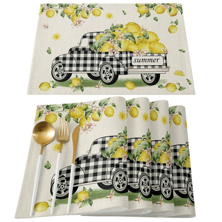 

Rectangle Table Placemats Set of 4 Truck with Fresh Lemons on Black White Plaid Border and Wood Texture Non-Slip Placemats Washable Dining Table Place Mats for Kitchen