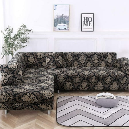 All-Cover L Shape Sofa Covers Sectional Sofa CoverStretch Polyester Spandex  Fabric Slipcover 2pcs Stretch Slipcovers + 2pcs Pillow Covers L Shape