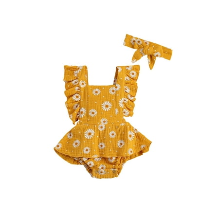 

Douhoow 0-24M Newborn Girls Ruffle Floral Romper Backcross Jumpsuit +Headband Baby Sunsuit