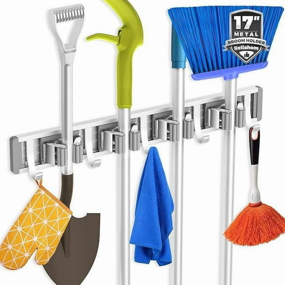 Wall-Mounted Broom & Mop Holder – 4 Racks   5 Hooks Storage Organizer (Silver)