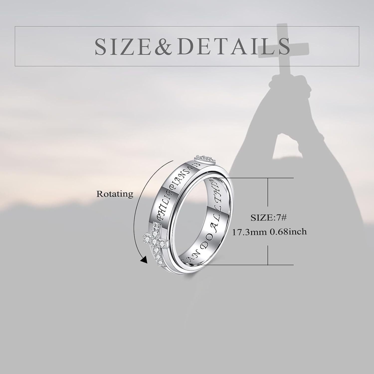YAFEINI 925 Sterling Silver Anxiety Fidget Spinner Ring Size7/8 Cross Heart Engraved Ring Zircon Jewelry Gift for Women Men