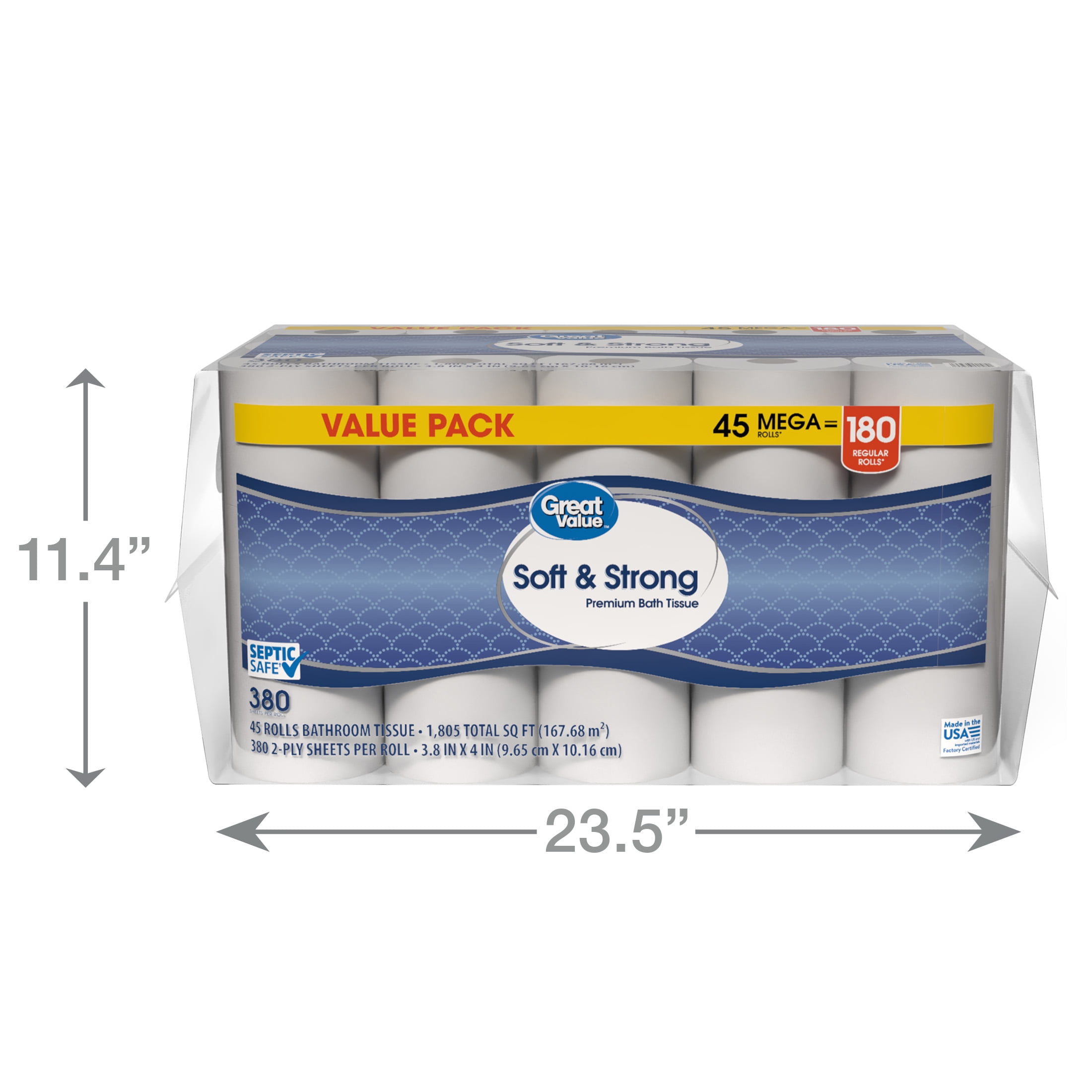 Great Value Soft & Strong Premium Toilet Paper, 45 Mega Rolls, 380 Sheets per Roll