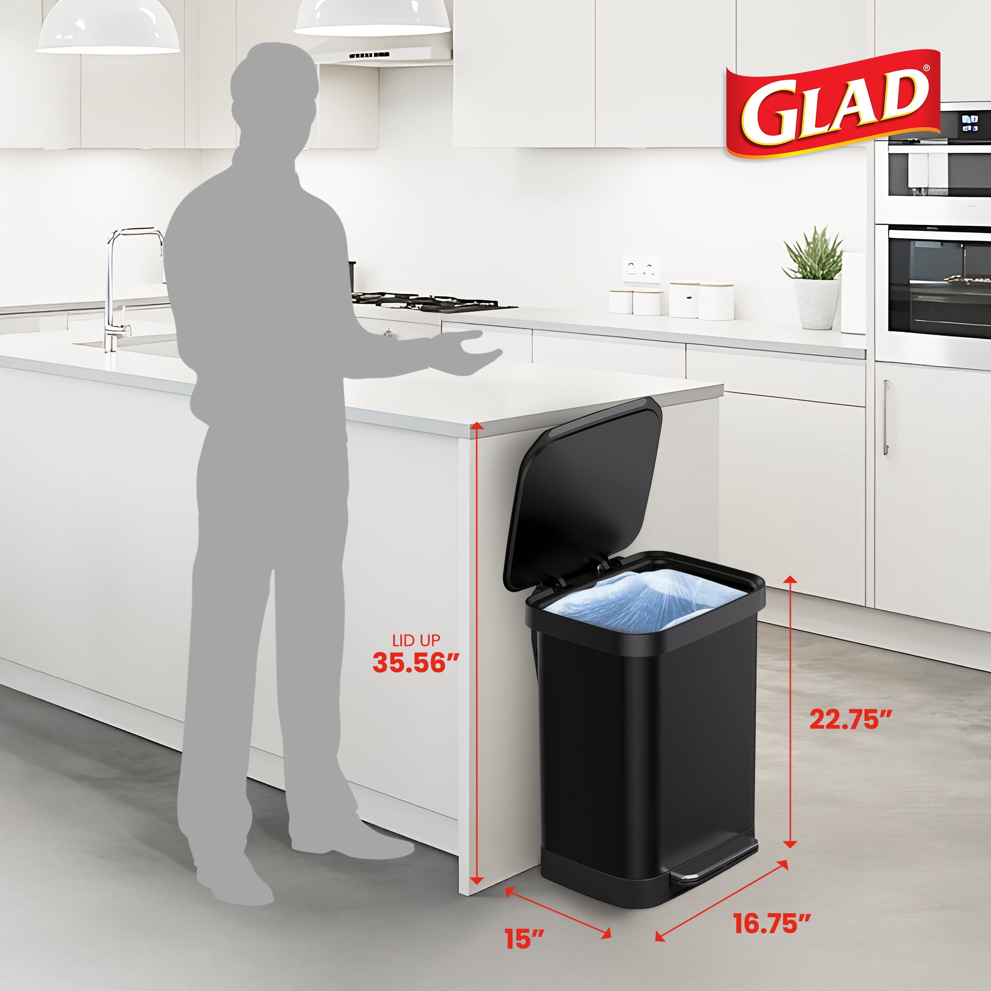 Glad Step Trash Can, Series 2 Soft Close Garbage Bin with Odor Protection, 13 Gal, Black