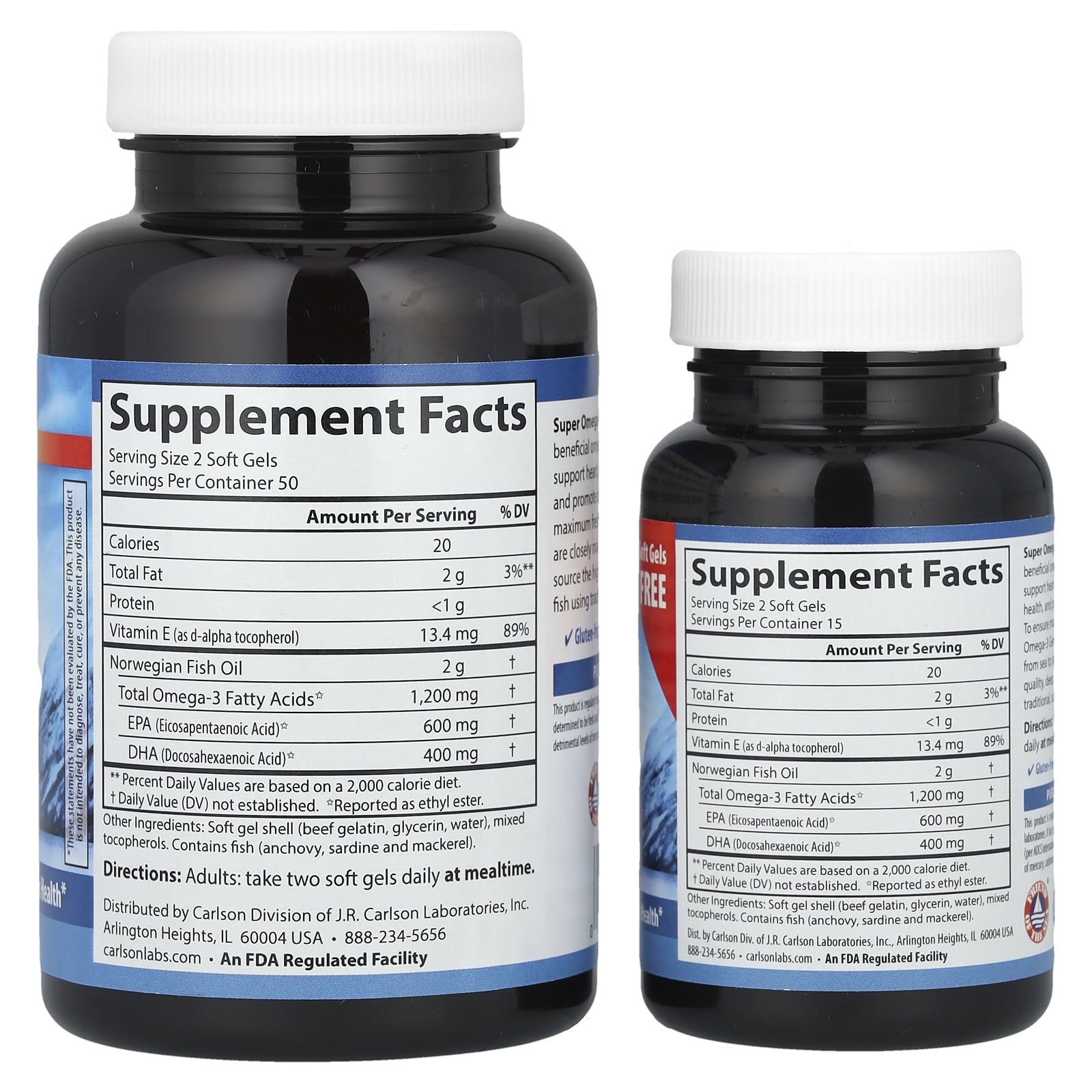Carlson - Super Omega-3 Gems, 1200 mg Omega-3s, Norwegian, Wild Caught, Sustainably Sourced, Bonus Bottle, 100+30 Softgels
