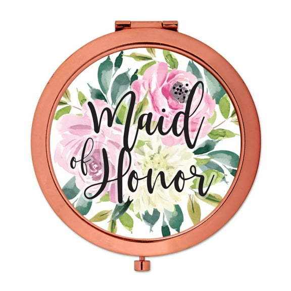 Koyal Wholesale Compact Mirror Maid of Honor Wedding Gift, Rose Gold, Pink and Ivory Roses, 1-Pack