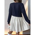 thumbnail image 3 of Women'S Color Block Round Neck Long Sleeve Ruffle Hem Casual A Line Short Dress Navy Blue M, 3 of 7