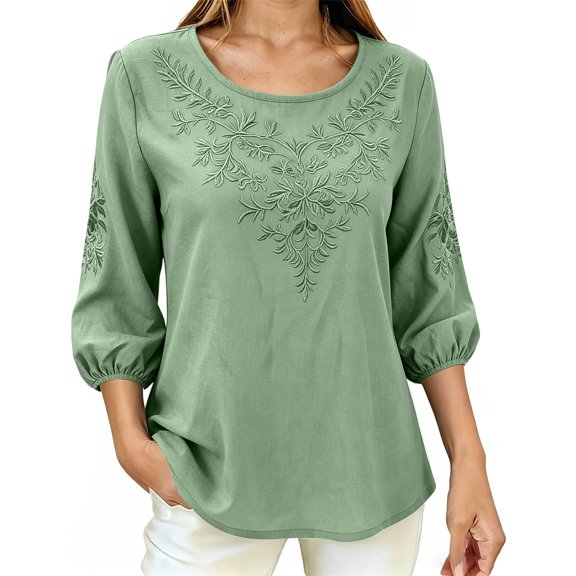 Tnhcen Women Boho Blouse 3/4 Puff Sleeve Floral Embroidered Top Round Neck Casual Loose Fit Solid Color A Line Summer Spring Shirt for Women Daily Vacation