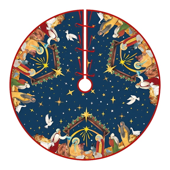 BESTSKY Christian Christmas Tree Skirt Religious Jesus Nativity Scene Xmas Tree Mat Navy blue tree skirt for Christmas Holiday Jesus Indoor Outdoor Party Decor christmas tree skirts(48 Inches)
