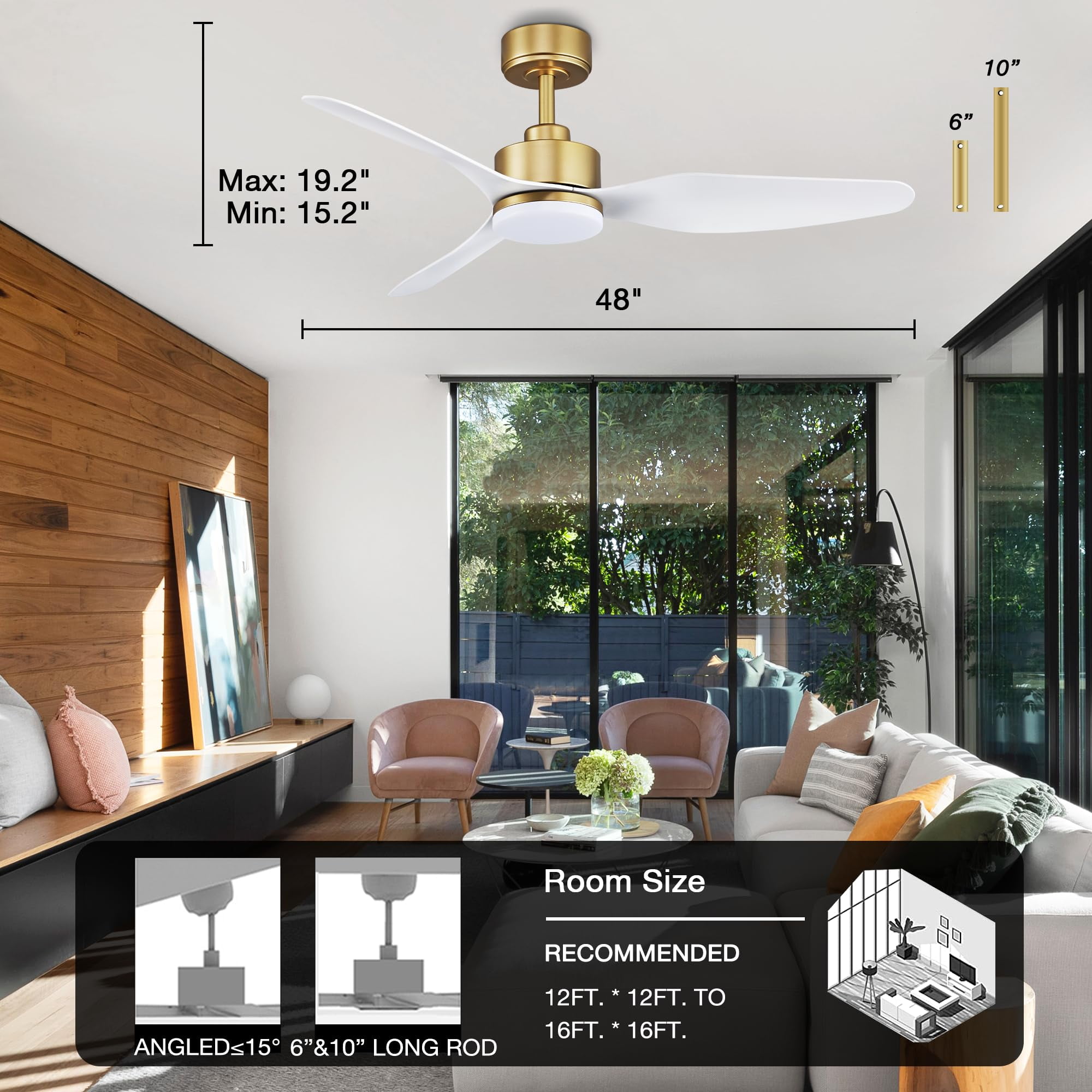 48 Inch Smart Ceiling Fans with Lights and Remote Control,Dimmable LED Light,Outdoor Indoor Gold White Ceiling Fan,Quiet DC Motor,WIFI Alexa App Workable,for Modern Bedroom Living Room Patio