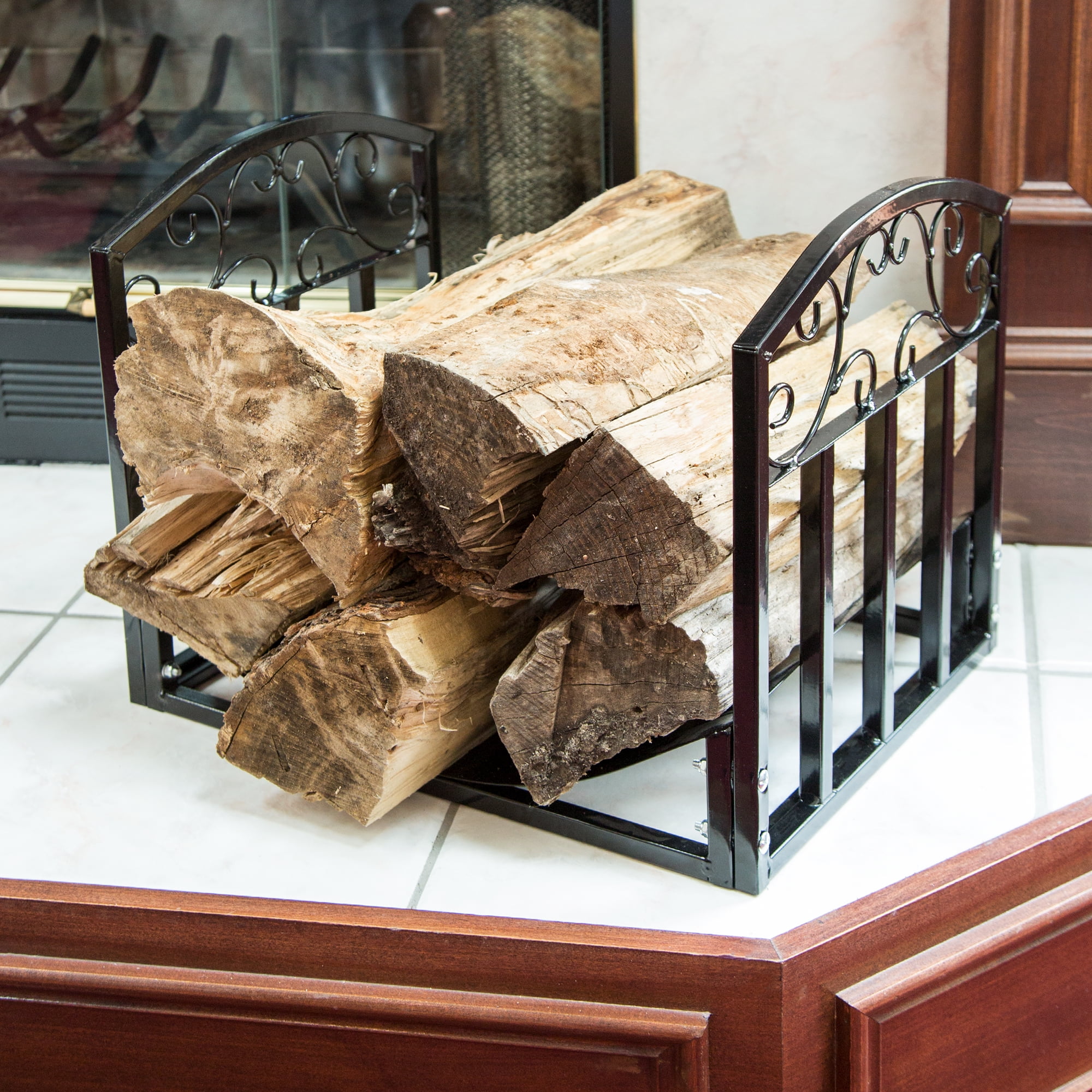 Fireplace Log Bin with Scrolls Black by Pure Garden