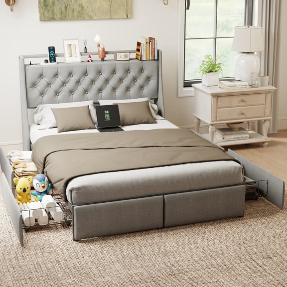 Queen Size Metal Platform Bed with Storage Headboard & 4 Drawers, Bed Frame with LED Light, Charging Station, No Box Spring Needed for Bedroom, Grey