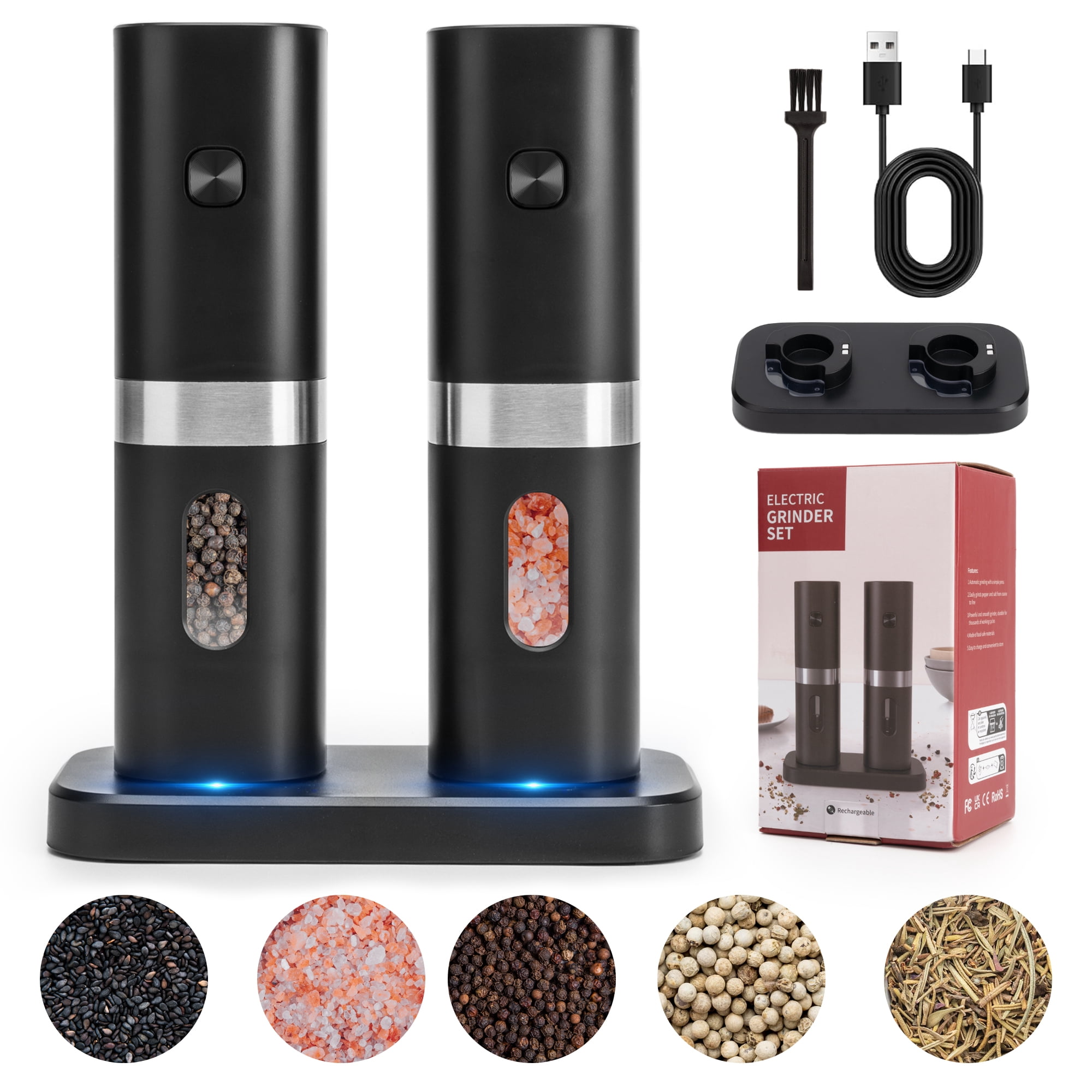 FVLOENG Electric Pepper and Salt Grinder Set, Rechargeable Battery Operated Automatic Salt Mill ,Adjustable Coarseness, Powered Spice Grinder, with Rechargeable Base, One Hand Operation , Black 2 Pcs