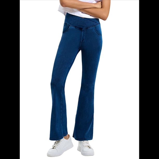 Leggings de Yoga de Mezclilla Ajustados con Bolsillos y Cintura Alta para Mujer Azul Medio L