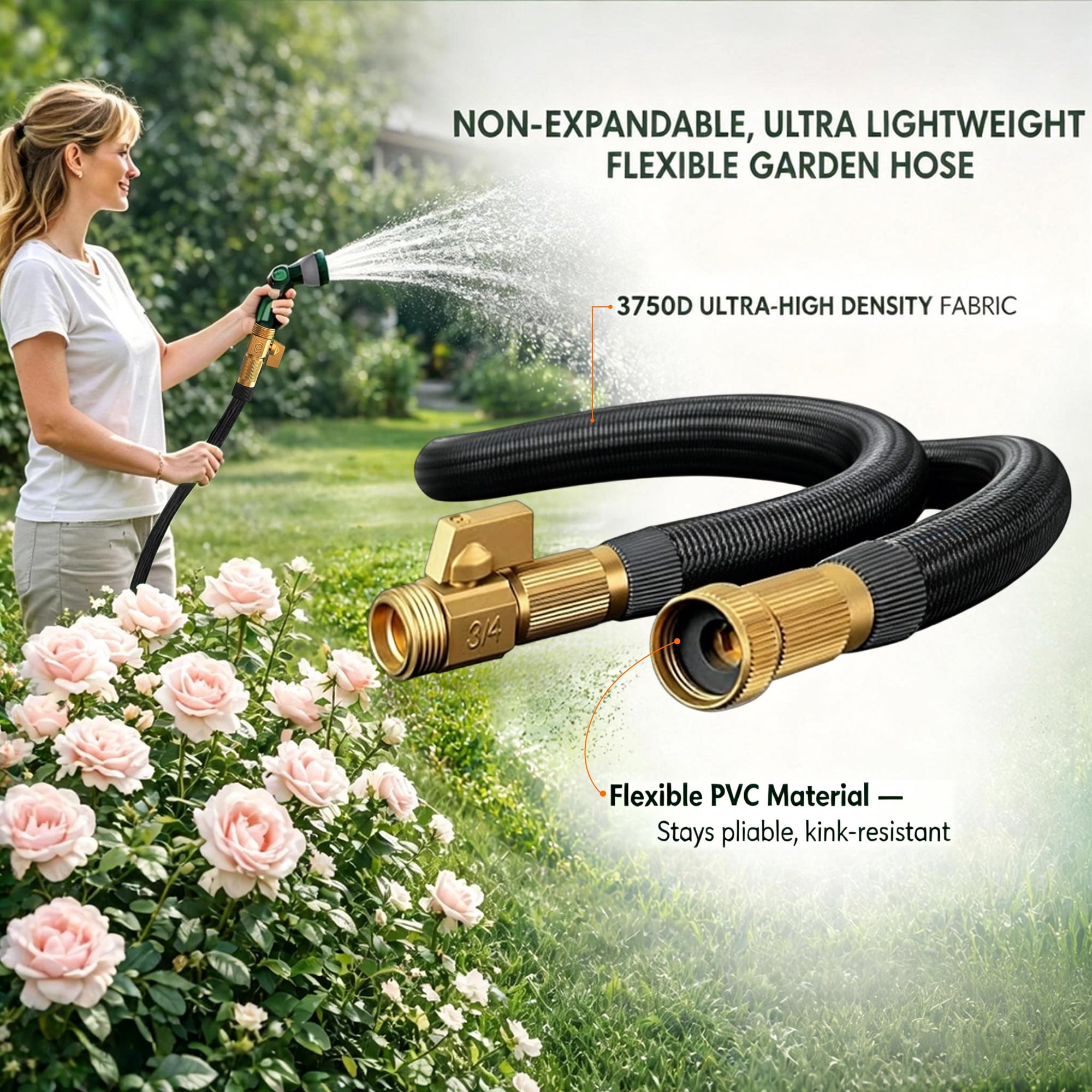 50FT Non-Expanding Heavy-Duty Garden Hose, Reinforced PVC & Polyester, 3/4-Inch Brass Connectors, Durable & Burst-Resistant, with 10-Function Nozzle