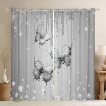 Castle Fairy Grey Floral Butterflies Blackout Curtains Set of 2 (52x84 Each) for Kids Children Teens,Dreamy Princess Window Curtains,Crystal Bling Glitter Splash Curtains and Drapes