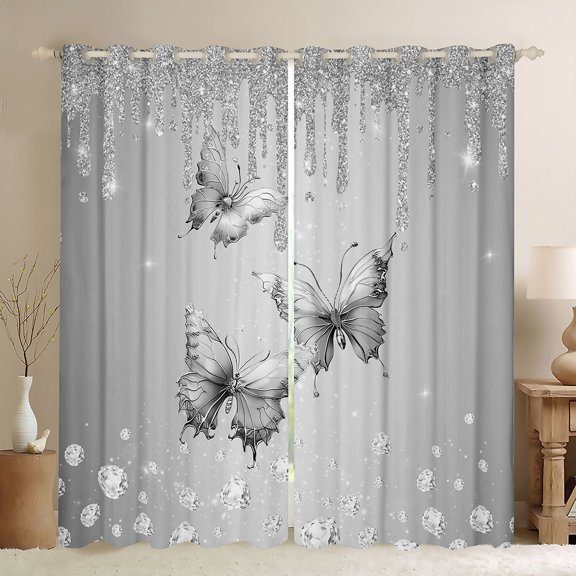 Castle Fairy Grey Floral Butterflies Blackout Curtains Set of 2 (52x84 Each) for Kids Children Teens,Dreamy Princess Window Curtains,Crystal Bling Glitter Splash Curtains and Drapes