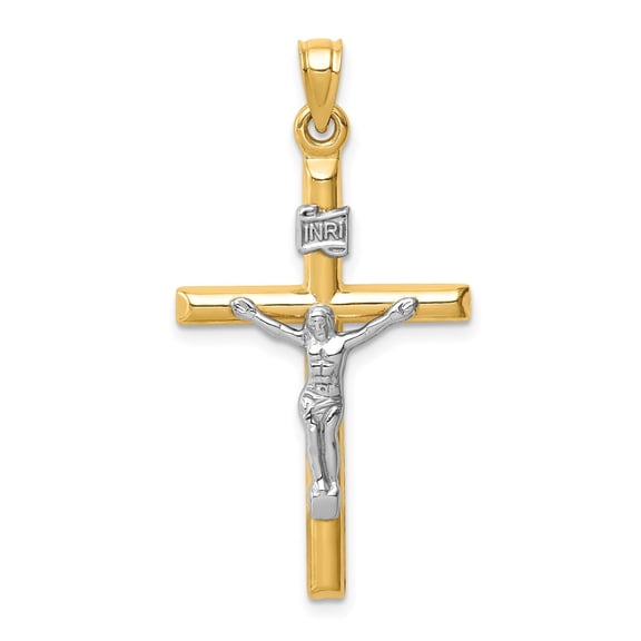 14K Two-Tone Gold Crucifix Pendant, Hollow Polished Design, 36 mm