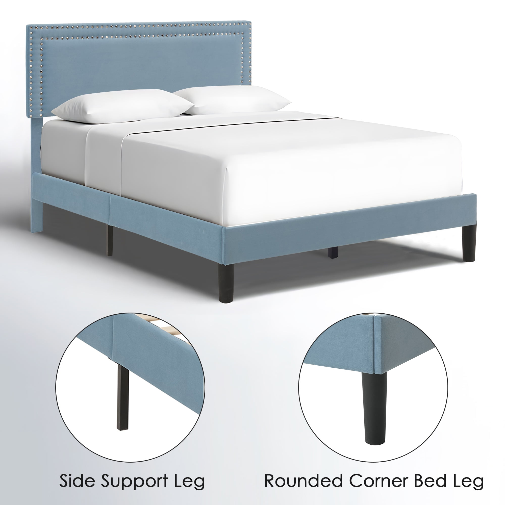 VECELO Queen Size Platform Bed Frame, Modern Upholstered Bed Frame with Adjustable Height & Nailhead Trim Headboard, No Box Spring Needed, Easy Assembly, Light Blue