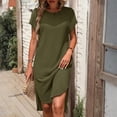 thumbnail image 6 of CIENVNSTG Women's Short Sleeve Round Neck Mini Dress Solid Color Fashionable Waffle Gown Elegant Midi Skirt Dresses Army Green 2XL, 6 of 6