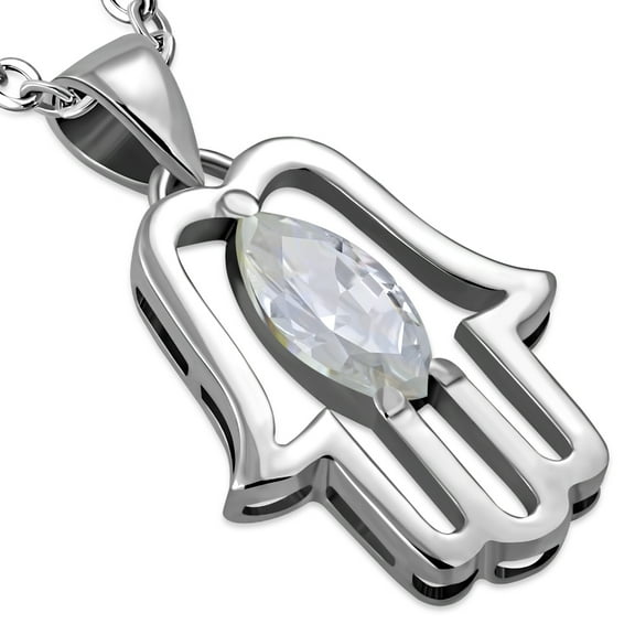 925 Sterling Silver Hamsa Pendant Necklace - Clear CZ
