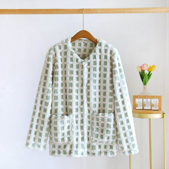 XUNKUSGA Womens Pajama Tops Fashion Plaid Pajama Tops for Women Soft Flannel Button Down Long Sleeve Housecoats for Women Winter Thickened Warm Lounge Jackets with Pockets M-XL Green