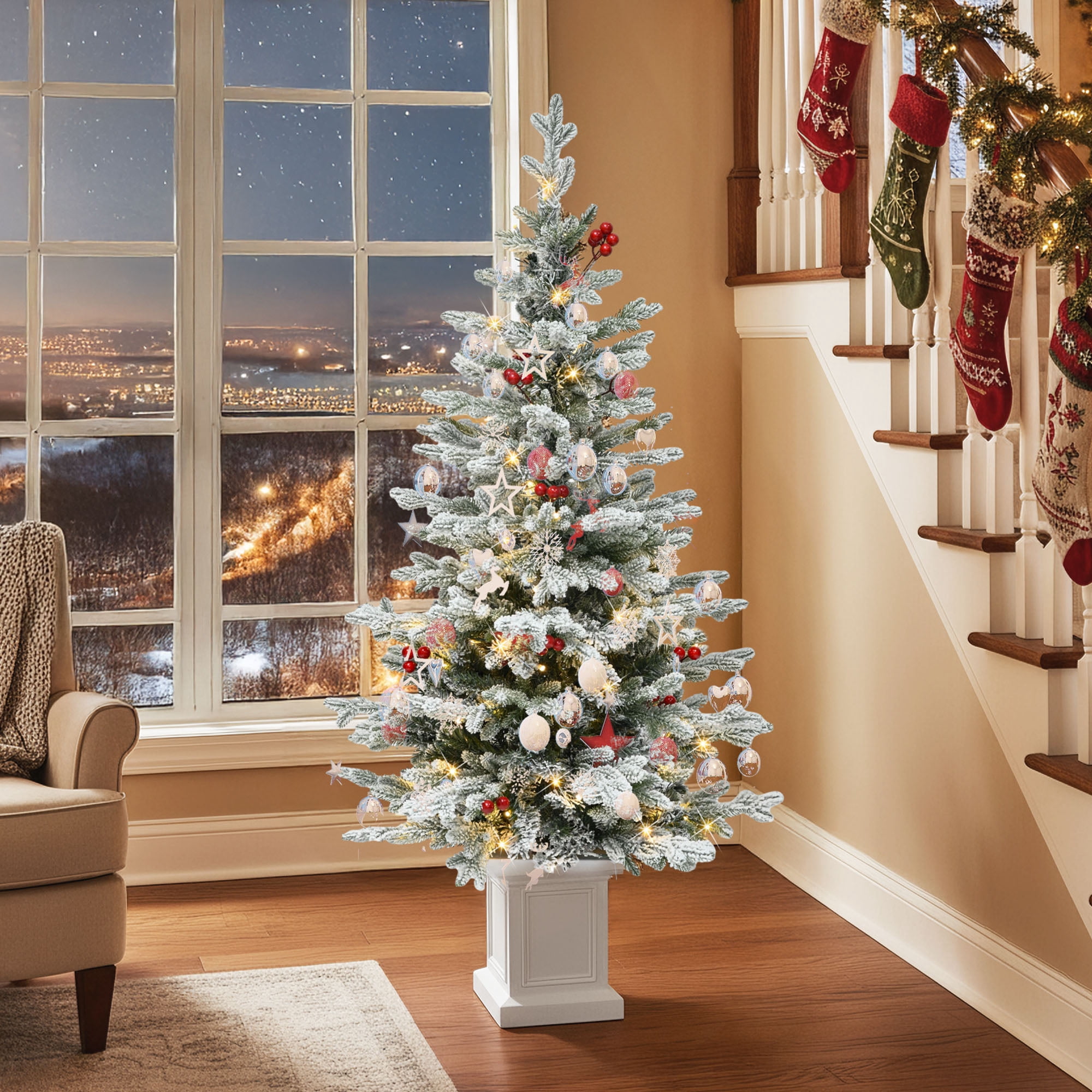 Dextrus 6FT Pre-Lit Flocked Arctic Fir Pencil Tree with 15 Red Berries ...