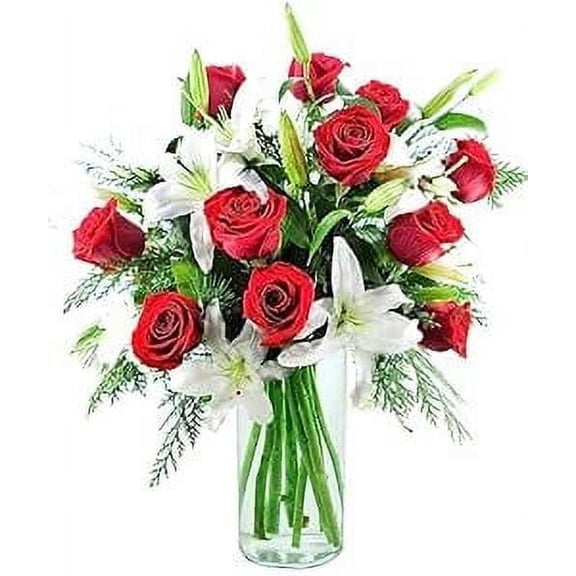 KaBloom : Fall Collection-Bouquet of 8 Oriental White Lily 12 Red Rose with Lush Greens with Vase, Next-Day Delivery, Gift of Fresh Flowers for Every Occasion.