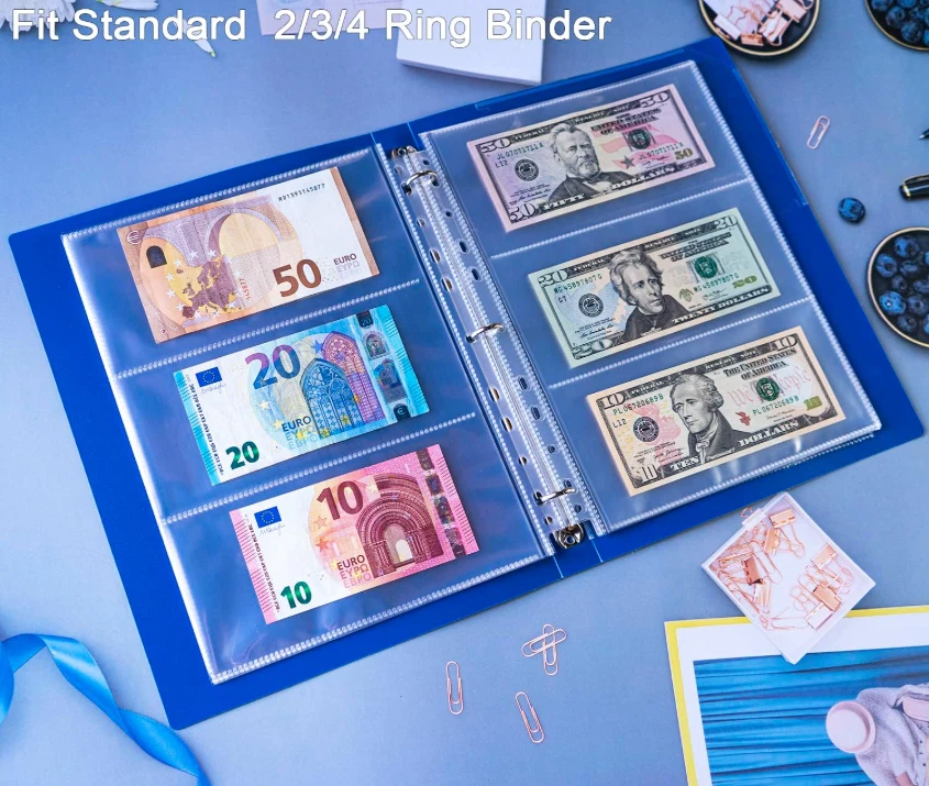 CRESTIN- 30 Sheets Currency Pages 3 Pockets Paper Money Protectors For 3 Ring Binders