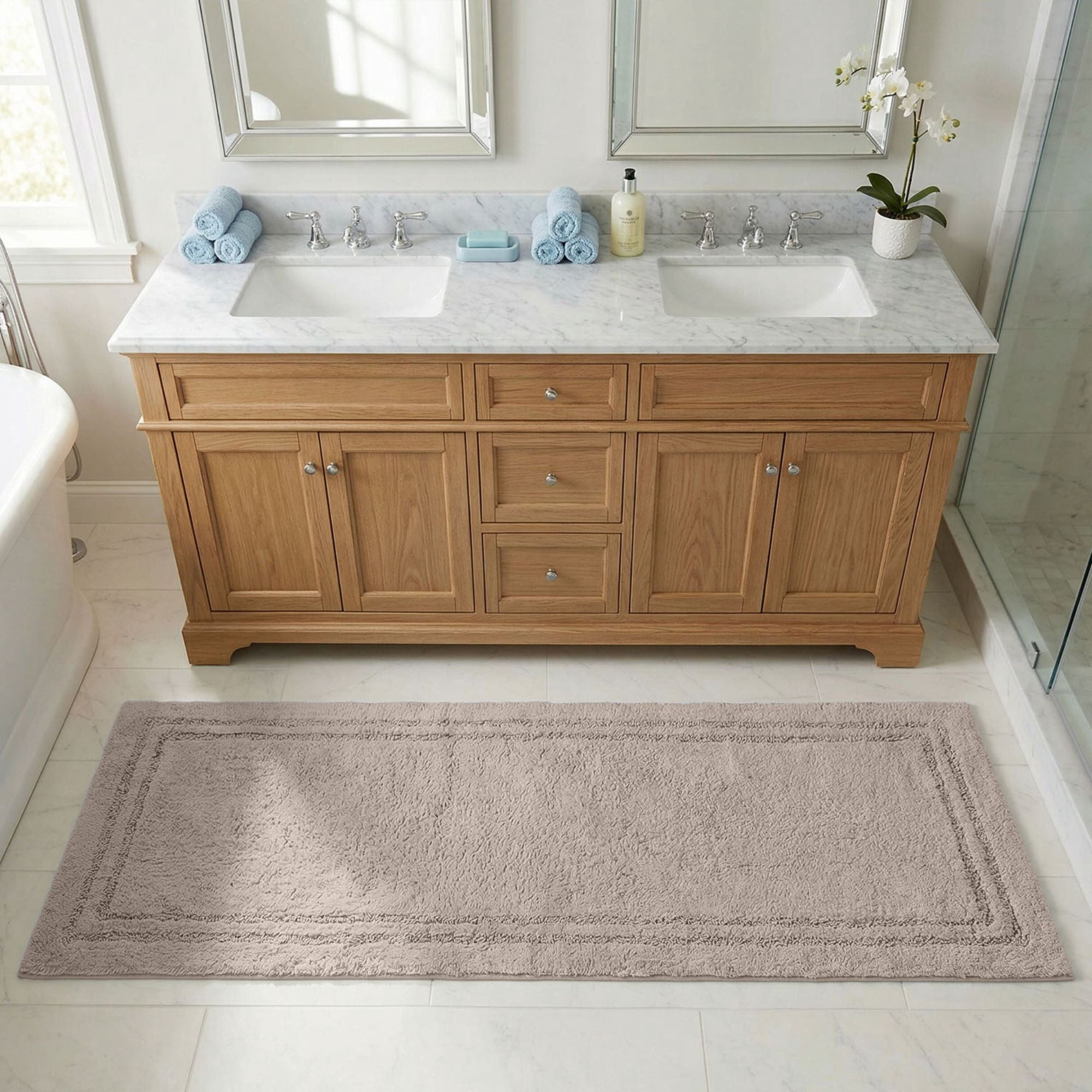 Superior Solid Bordered Cotton Washable Non-Slip Bath Rug, Runner Size, Stone