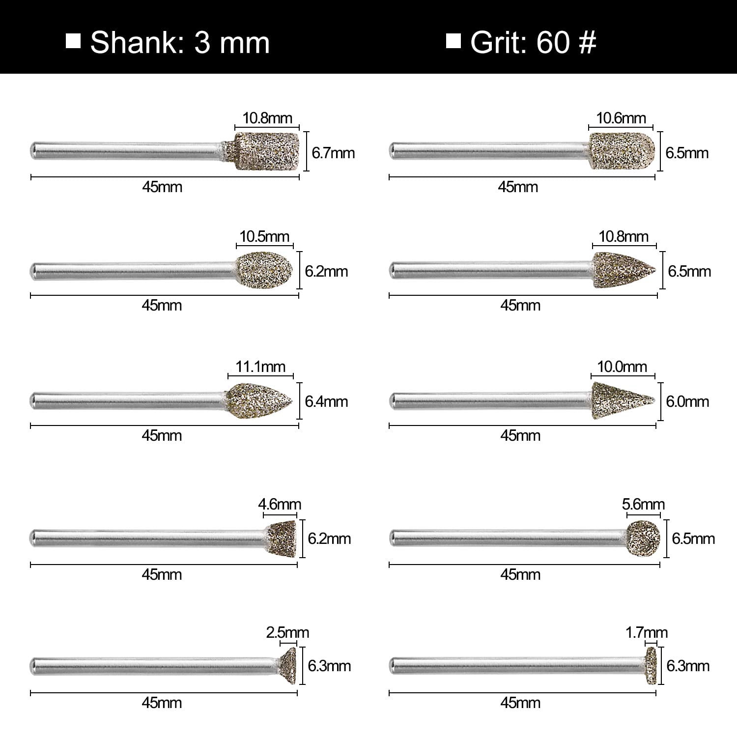 60 Grit 20Pcs Diamond Burr Set - GOXAWEE Rotary Grinding Burrs Drill Bits Set with 1/8-inch Shank, Diamond-Coated Stone Carving Accessories Bit Universal Fitment for Dremel Rotary Tools