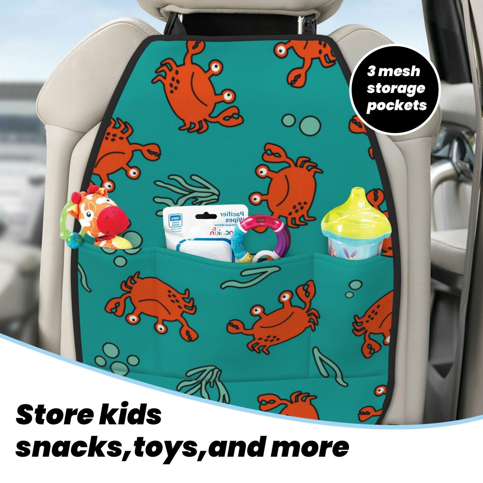 Kdxio Colorful Crab Print 2 Pack Car Kick Mat Seat Cover Back Protector Mat with Pockets for Organizer Backseat Protector and Storage Anti Kick Pad for Vehicles