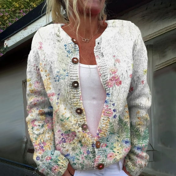 Valueadd Clothing Women's Single Plush Art Floral Print Comfortable Knitted Cardigan Rose Gold